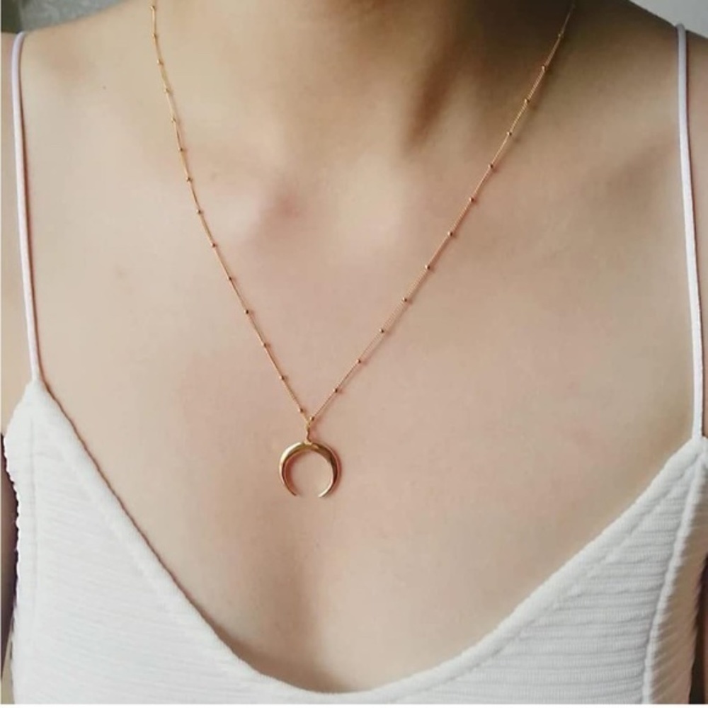 GOLD 14k Gold Plated Beaded Moon Pendant Necklace